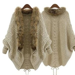 Fur Trimmed Cardigan w/ Lace Up Back